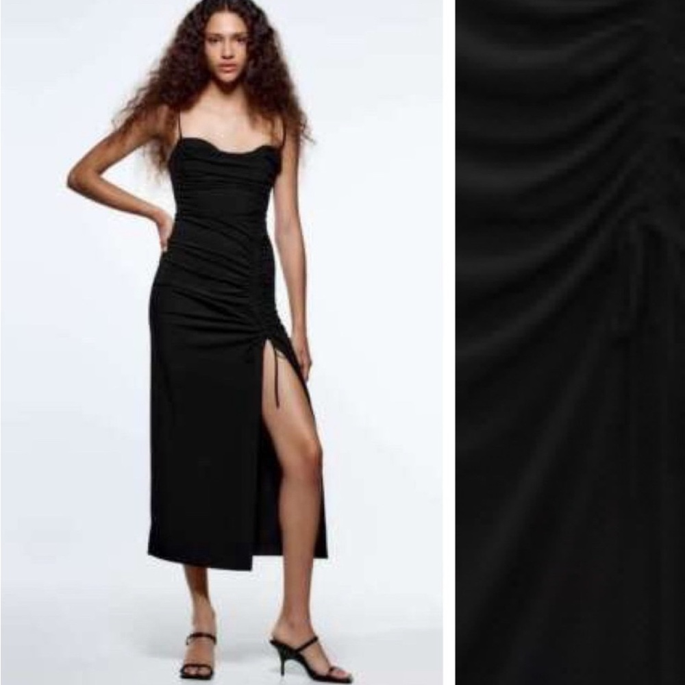Zara DRAPED MIDI DRESS Black Size S REF. 2547/636